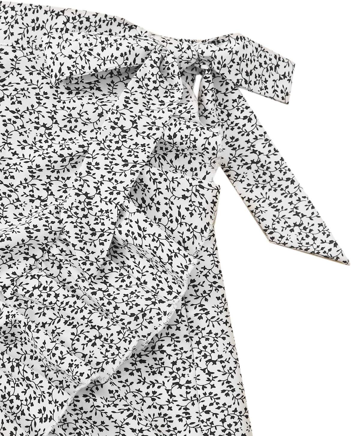 imageMakeMeChic Womens Two Piece Floral Knot Shirred Back Cami Crop Top and Ruffle Wrap Skirt SetWhite