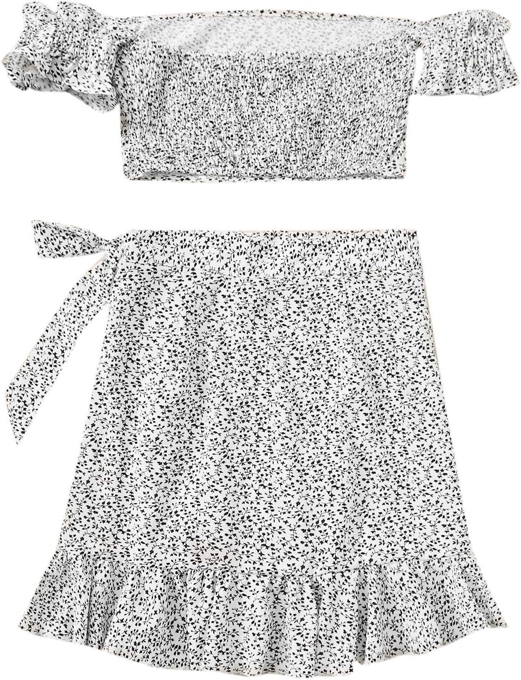 imageMakeMeChic Womens Two Piece Floral Knot Shirred Back Cami Crop Top and Ruffle Wrap Skirt SetWhite