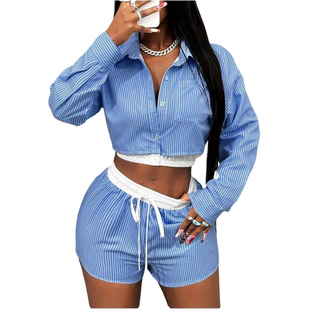 imageMakeMeChic Womens 2 Piece Fall Outfit Striped Long Sleeve Button Down Shirt Crop Tops and Shorts SetBlue and White