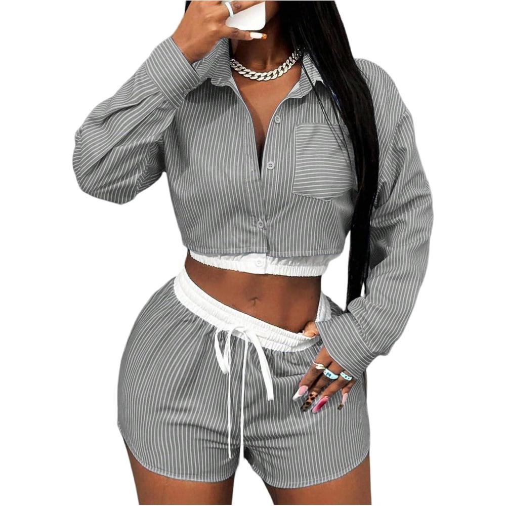 imageMakeMeChic Womens 2 Piece Fall Outfit Striped Long Sleeve Button Down Shirt Crop Tops and Shorts SetGrey