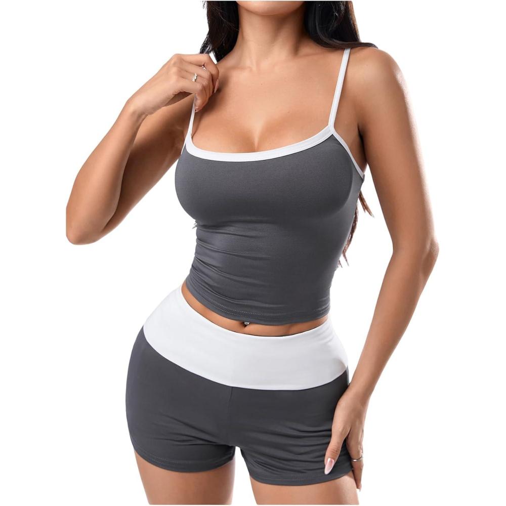 imageMakeMeChic Womens 2 Piece Outfits Contrast Binding Cami Crop Top and Shorts Summer Matching SetGrey