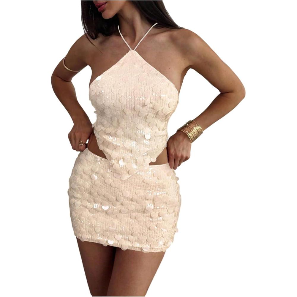 imageMakeMeChic Womens 2 Piece Outfits Glitter Sequin Halter Crop Top and Bodycon Mini Skirt Party SetsApricot