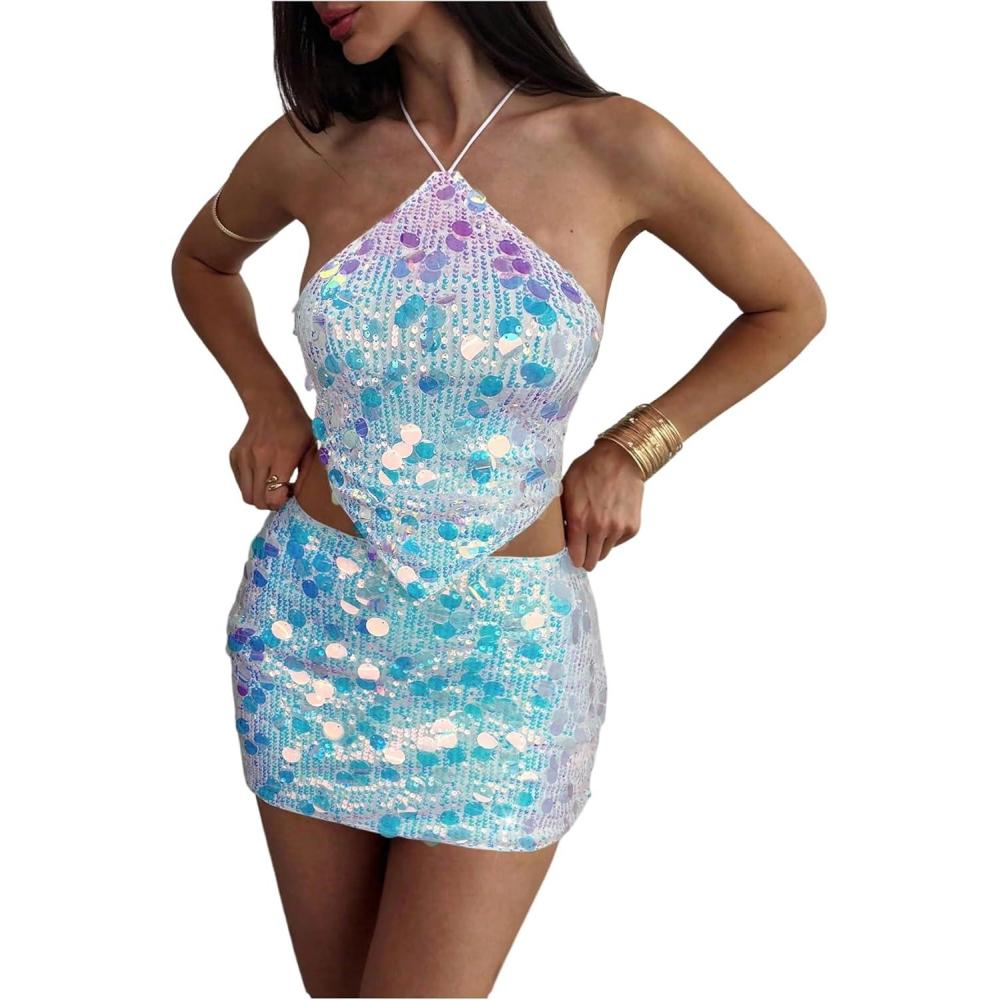imageMakeMeChic Womens 2 Piece Outfits Glitter Sequin Halter Crop Top and Bodycon Mini Skirt Party SetsWhite