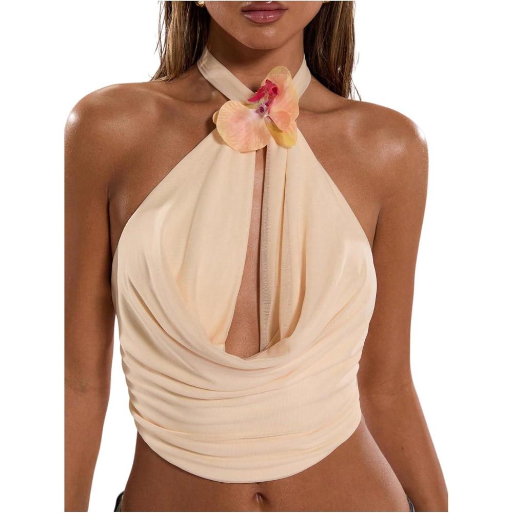 imageMakeMeChic Womens 3D Flower Sexy Halter Top Draped Front Tie Backless Sleeveless Tank TopsApricot