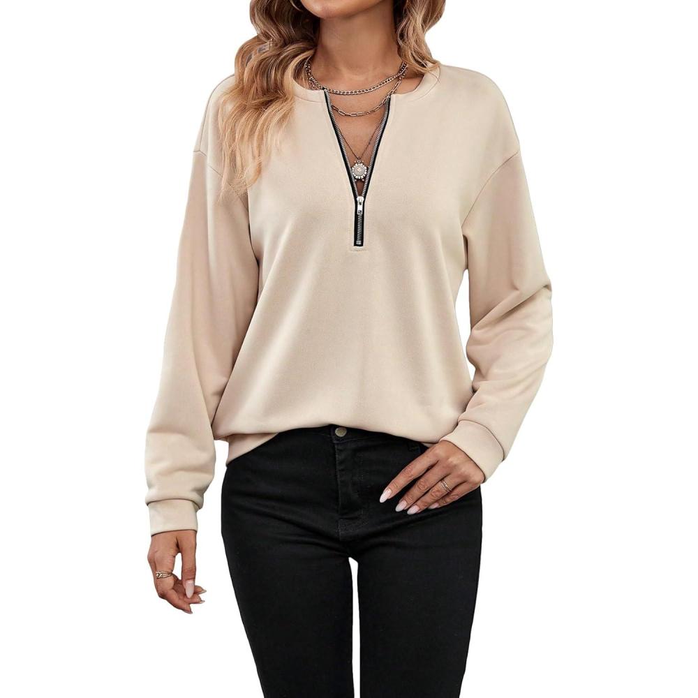 imageMakeMeChic Womens Casual Half Zip Round Neck Long Sleeve Loose Oversized Sweatshirt TopApricot