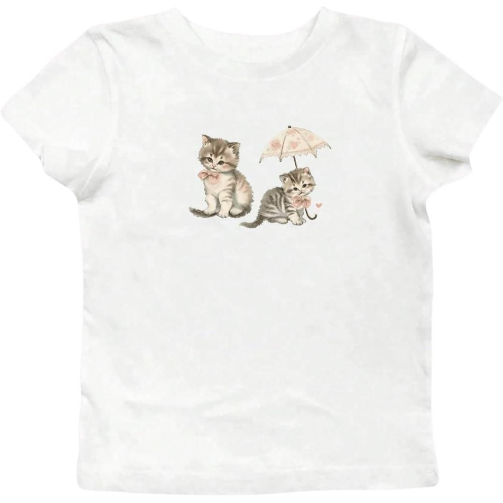 imageMakeMeChic Womens Graphic Print Tee Round Neck Short Sleeve Slim Fitted Crop Y2K T Shirt TopWhite D