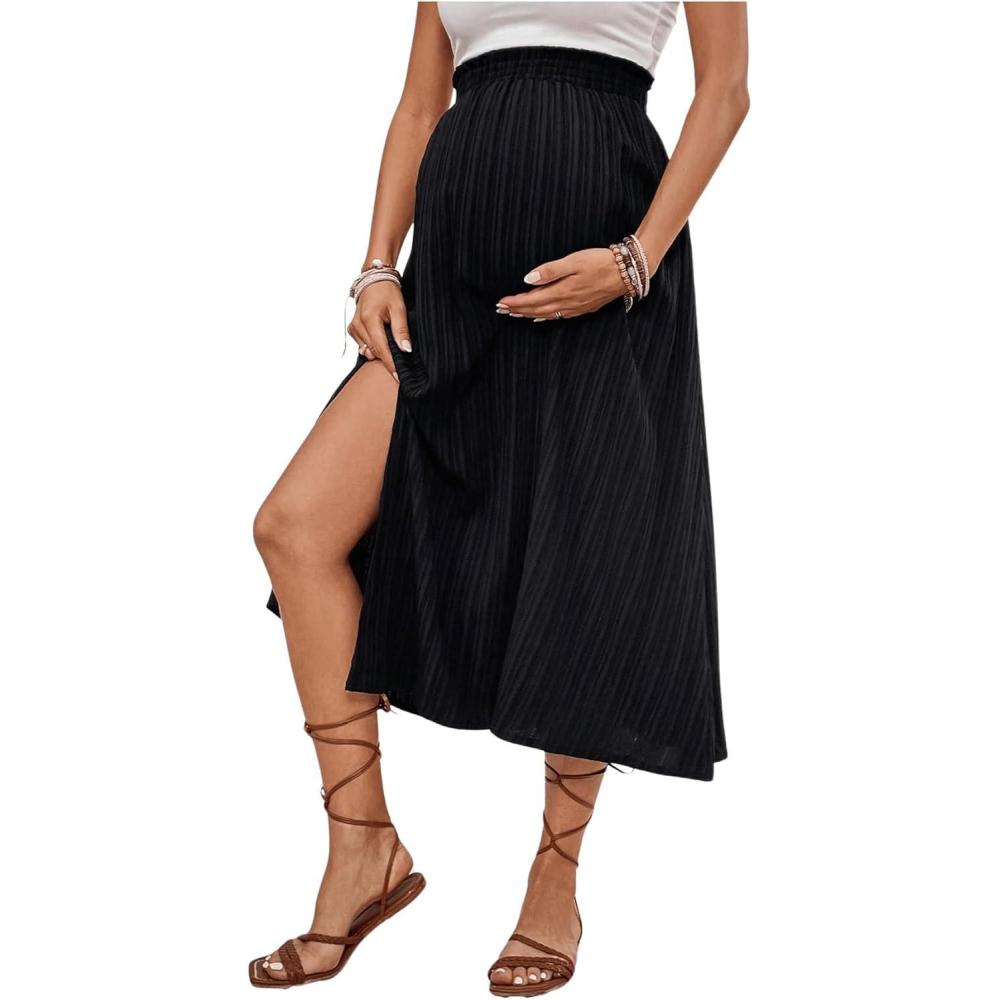 imageMakeMeChic Womens Maternity Skirt Elastic Waist Split Side Pleated Summer Pregnancy Long SkirtsBlack