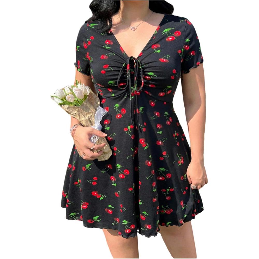 imageMakeMeChic Womens Plus Size Cherry Y2K Party Mini Dress Ruched Drawstring Short Sleeve V Neck DressesBlack