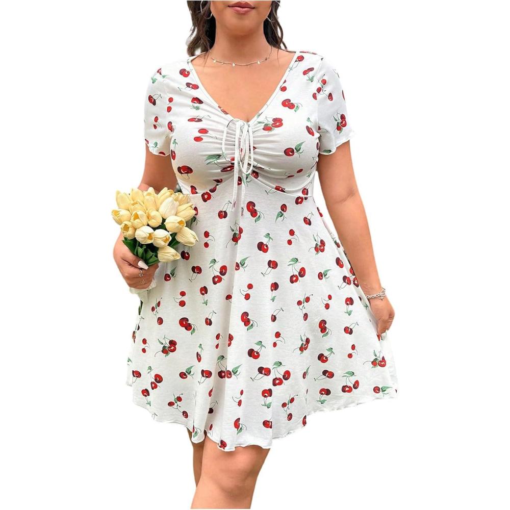 imageMakeMeChic Womens Plus Size Cherry Y2K Party Mini Dress Ruched Drawstring Short Sleeve V Neck DressesWhite