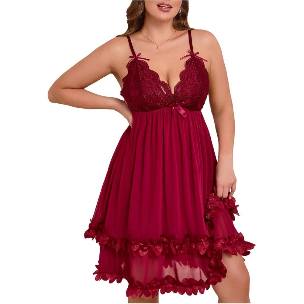 imageMakeMeChic Womens Plus Size Lace 3D Floral Nightgowns V Neck Babydoll Lingerie Sleep DressBurgundy