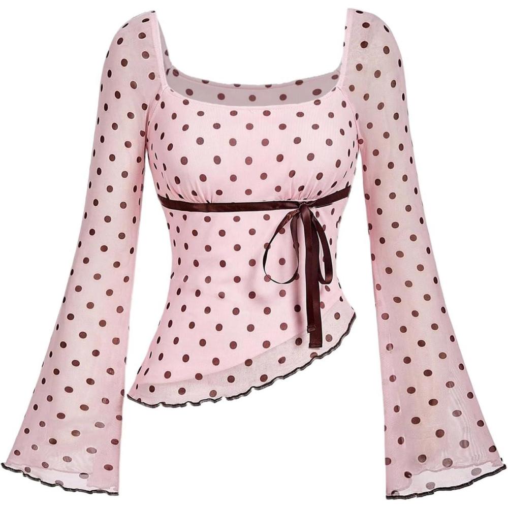 imageMakeMeChic Womens Polka Dots Tops Bell Sleeve Mesh Square T Shirt Asymmetrical Bow Tie Going Out TopsPink