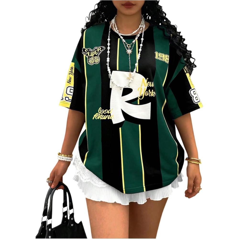 imageMakeMeChic Womens Striped Color Block Jersey Shirt Number Print Crew Neck Half Sleeve Tee Shirts Summer TopDark Green