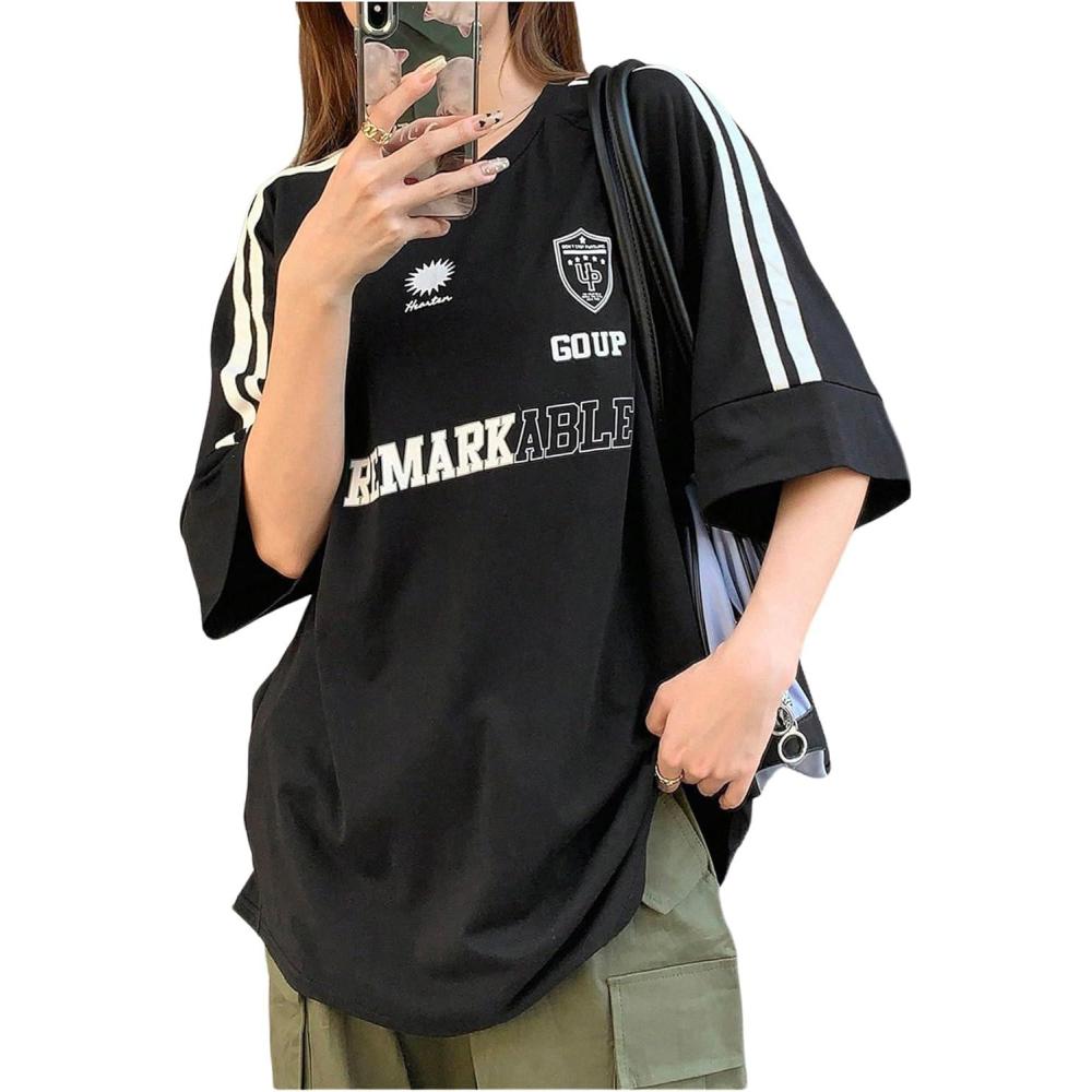 imageMakeMeChic Womens Striped Jersey Shirt Graphic Print Half Sleeve Crew Neck Tee Y2k TopBlack