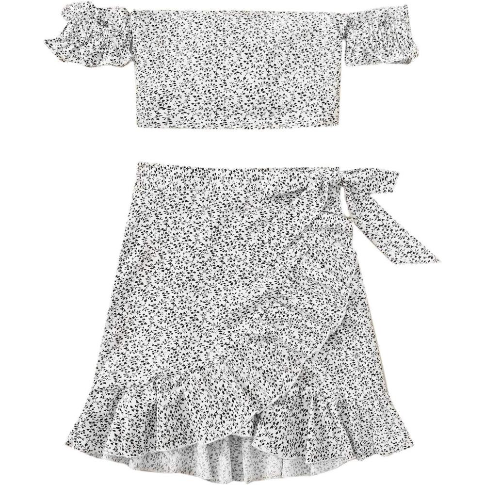 imageMakeMeChic Womens Two Piece Floral Knot Shirred Back Cami Crop Top and Ruffle Wrap Skirt SetWhite