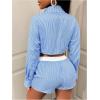 imageMakeMeChic Womens 2 Piece Fall Outfit Striped Long Sleeve Button Down Shirt Crop Tops and Shorts SetBlue and White