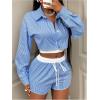 imageMakeMeChic Womens 2 Piece Fall Outfit Striped Long Sleeve Button Down Shirt Crop Tops and Shorts SetBlue and White