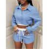 imageMakeMeChic Womens 2 Piece Fall Outfit Striped Long Sleeve Button Down Shirt Crop Tops and Shorts SetBlue and White