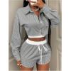imageMakeMeChic Womens 2 Piece Fall Outfit Striped Long Sleeve Button Down Shirt Crop Tops and Shorts SetGrey