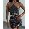 imageMakeMeChic Womens 2 Piece Outfits Glitter Sequin Halter Crop Top and Bodycon Mini Skirt Party SetsBlack