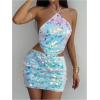imageMakeMeChic Womens 2 Piece Outfits Glitter Sequin Halter Crop Top and Bodycon Mini Skirt Party SetsWhite