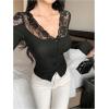 imageMakeMeChic Womens Floral Lace V Neck Tee Button Down Long Sleeve Knit Going Out T ShirtBlack