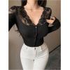 imageMakeMeChic Womens Floral Lace V Neck Tee Button Down Long Sleeve Knit Going Out T ShirtBlack