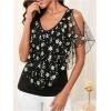 imageMakeMeChic Womens Floral Mesh Cold Shoulder Tees Top V Neck Cut Out Tee Shirt TopsBlack