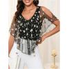 imageMakeMeChic Womens Floral Mesh Cold Shoulder Tees Top V Neck Cut Out Tee Shirt TopsBlack