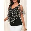 imageMakeMeChic Womens Floral Mesh Cold Shoulder Tees Top V Neck Cut Out Tee Shirt TopsBlack