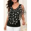 imageMakeMeChic Womens Floral Mesh Cold Shoulder Tees Top V Neck Cut Out Tee Shirt TopsBlack