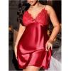 imageMakeMeChic Womens Plus Size Babydoll Nightgown Contrast Lace Spaghetti Strap Open Back Satin Slip DressBurgundy