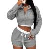 imageMakeMeChic Womens 2 Piece Fall Outfit Striped Long Sleeve Button Down Shirt Crop Tops and Shorts SetGrey