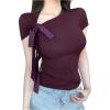 imageMakeMeChic Womens Bow Knot Shirts Short Sleeve Asymmetrical Neck Y2k Casual T Shirt Going Out TopsPurple