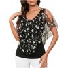 imageMakeMeChic Womens Floral Mesh Cold Shoulder Tees Top V Neck Cut Out Tee Shirt TopsBlack