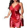 imageMakeMeChic Womens Plus Size Babydoll Nightgown Contrast Lace Spaghetti Strap Open Back Satin Slip DressBurgundy