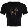 imageMakeMeChic Womens Summer Cheetah Print Bow Crop Tops Crew Neck Short Sleeve Y2k Tee ShirtBlack