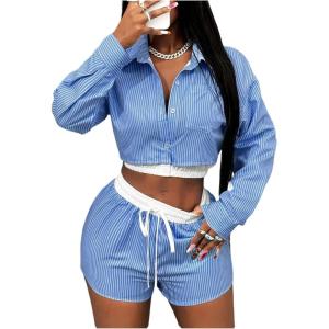 imageMakeMeChic Womens 2 Piece Fall Outfit Striped Long Sleeve Button Down Shirt Crop Tops and Shorts SetBlue and White
