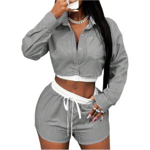 imageMakeMeChic Womens 2 Piece Fall Outfit Striped Long Sleeve Button Down Shirt Crop Tops and Shorts SetGrey
