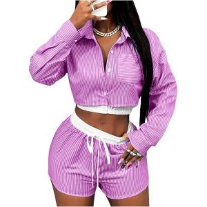 imageMakeMeChic Womens 2 Piece Fall Outfit Striped Long Sleeve Button Down Shirt Crop Tops and Shorts SetPink