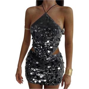 imageMakeMeChic Womens 2 Piece Outfits Glitter Sequin Halter Crop Top and Bodycon Mini Skirt Party SetsBlack