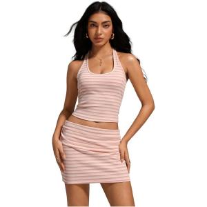 imageMakeMeChic Womens 2 Piece Outfits Striped Halter Crop Top and Bodycon Mini Skirt Summer SetsMulticolor
