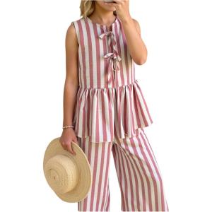 imageMakeMeChic Womens 2 Piece Summer Outfit Striped Bow Tie Front Ruffle Tank and Pants SetPink