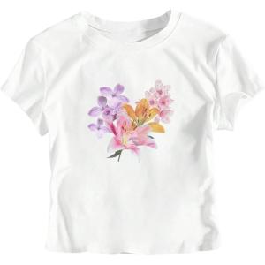 imageMakeMeChic Womens Graphic Print Tee Round Neck Short Sleeve Slim Fitted Crop Y2K T Shirt TopWhite C