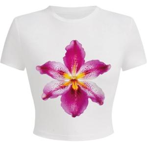 imageMakeMeChic Womens Graphic Print Tee Round Neck Short Sleeve Slim Fitted Crop Y2K T Shirt TopWhite Floral