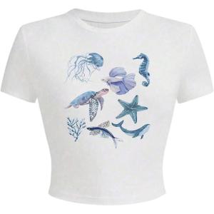 imageMakeMeChic Womens Graphic Print Tee Round Neck Short Sleeve Slim Fitted Crop Y2K T Shirt TopWhite I