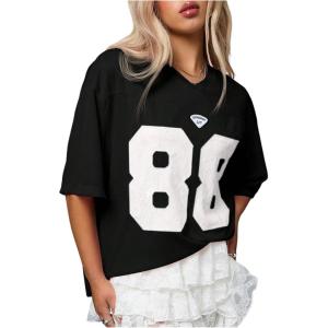 imageMakeMeChic Womens Lace Number Print Short Sleeve V Neck Loose Fit Jersey Shirts Tee TopsBlack