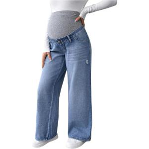 imageMakeMeChic Womens Maternity Jeans Rib Knitted Straight Leg Pregnancy Denim PantsMedium Wash