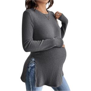 imageMakeMeChic Womens Maternity Tee Shirt Crew Neck Long Sleeve Ribbed Knit Split Pregnancy TopsDark Grey
