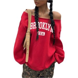 imageMakeMeChic Womens Off the Shoulder Sweatshirt Y2K Oversized Sweatshirt Tops PulloversRed