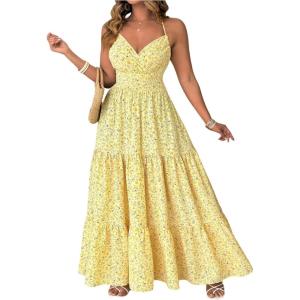 imageMakeMeChic Womens Plus Size Floral V Neck Halter Dress Tie Backless Tiered Ruffle Summer Maxi DressesMulticolor